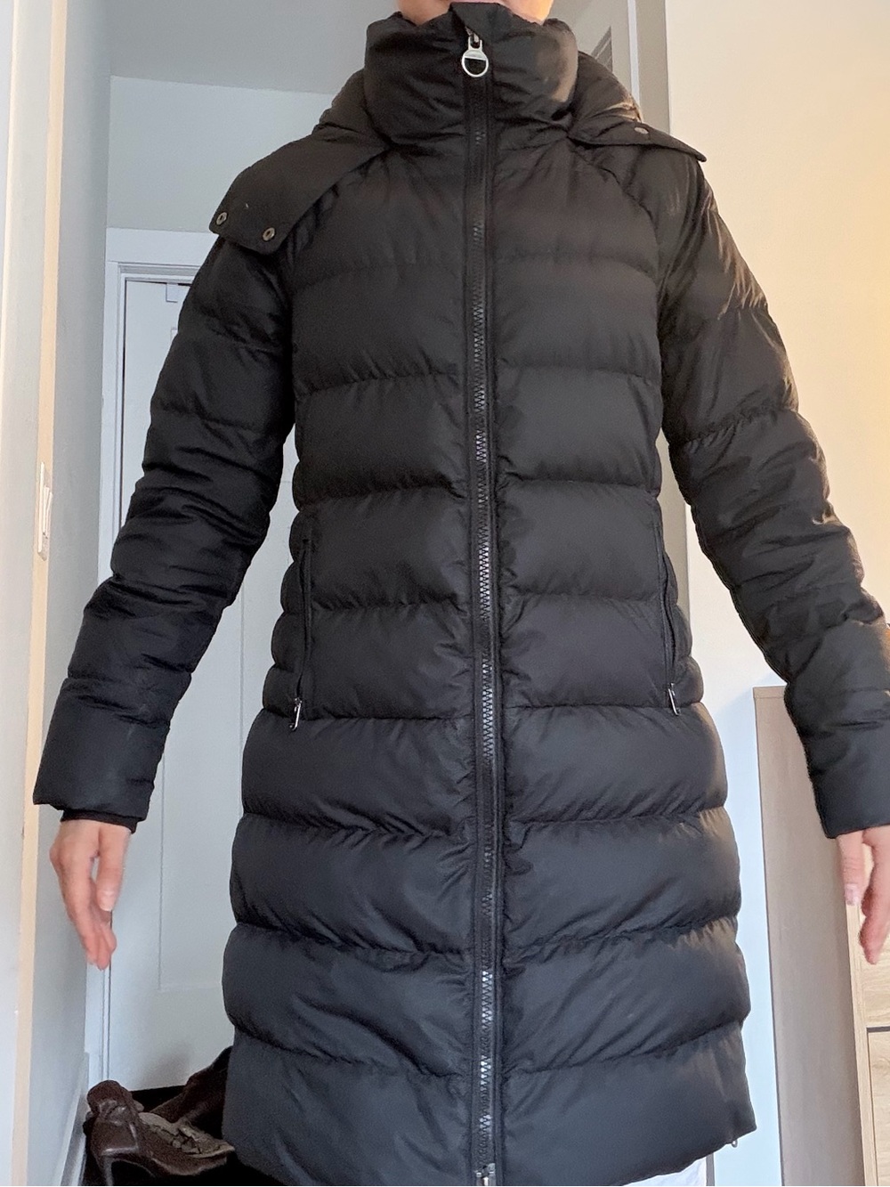 Athleta Black Long Quilted Puffer Coat with High Collar